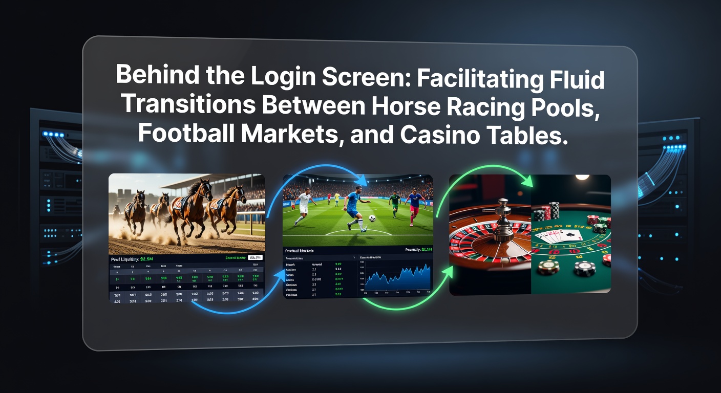 Integrated betting platform interface showing transitions between horse racing, football, and casino sections
