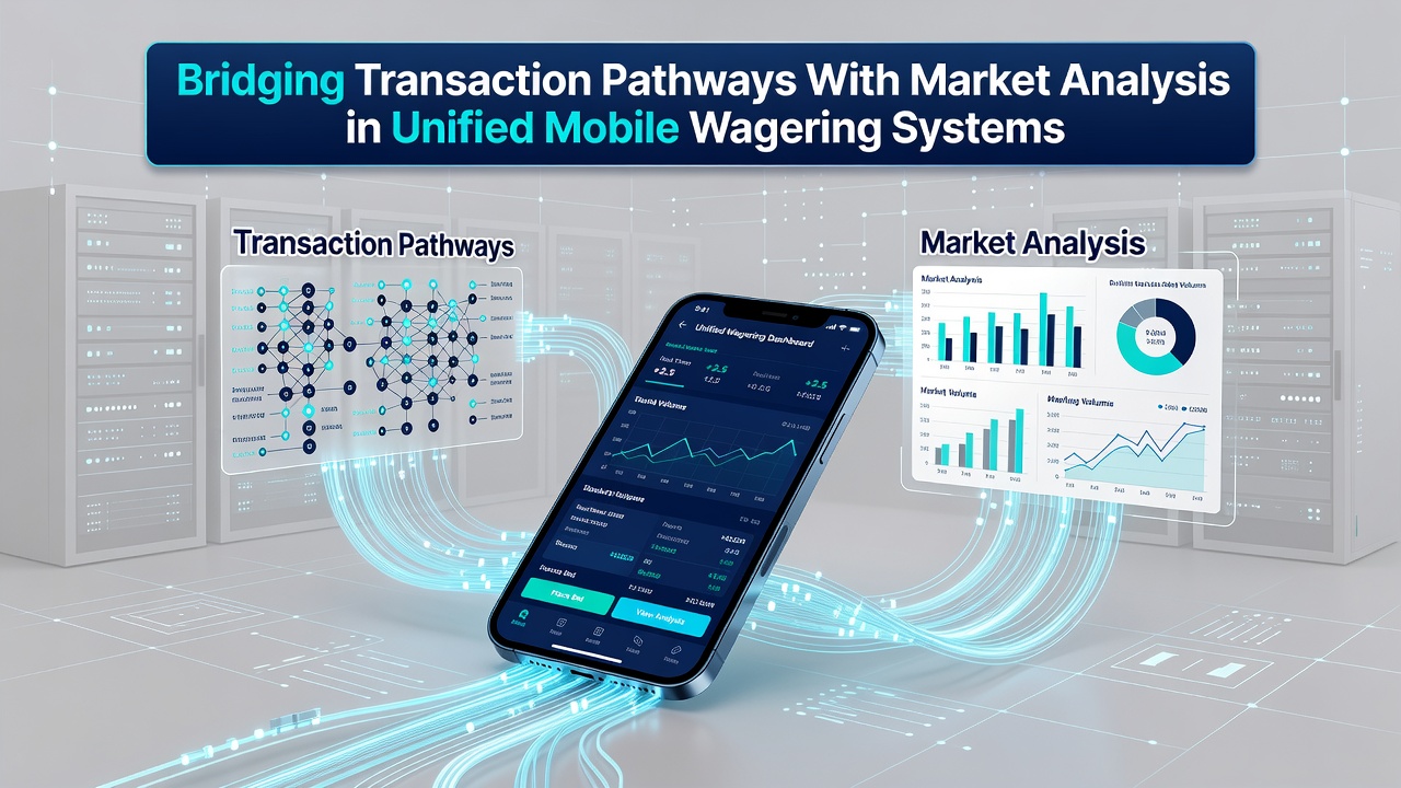 Analytics interface showing transaction flows merging with market trend visualizations in a mobile app