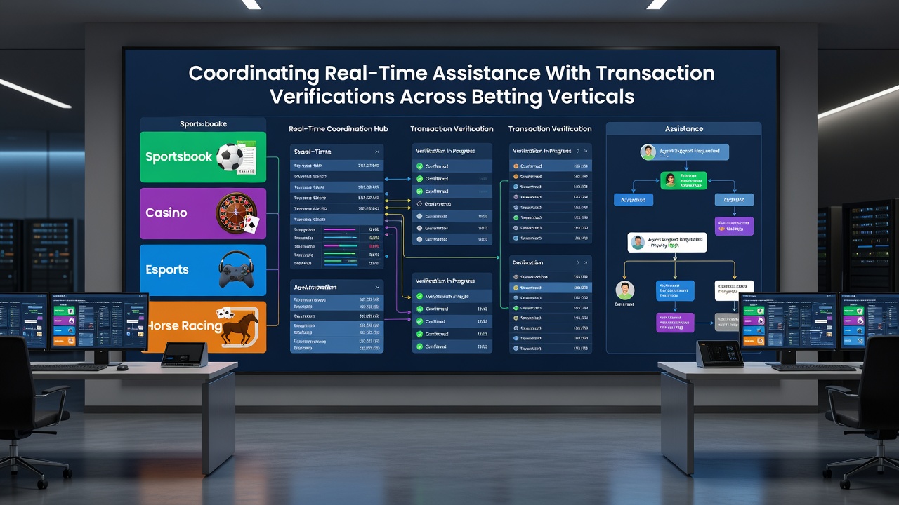 Screenshot of a multi-vertical dashboard displaying real-time transaction verifications and live support tickets for football, racing, and casino operations