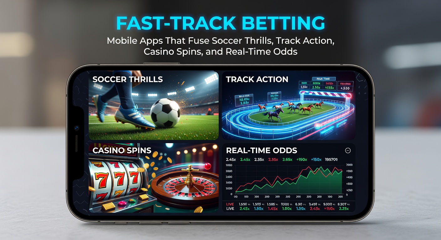 Smartphone screen displaying a fast-track betting app interface with live soccer match odds, horse racing tracks, casino slot spins, and updating real-time odds overlays