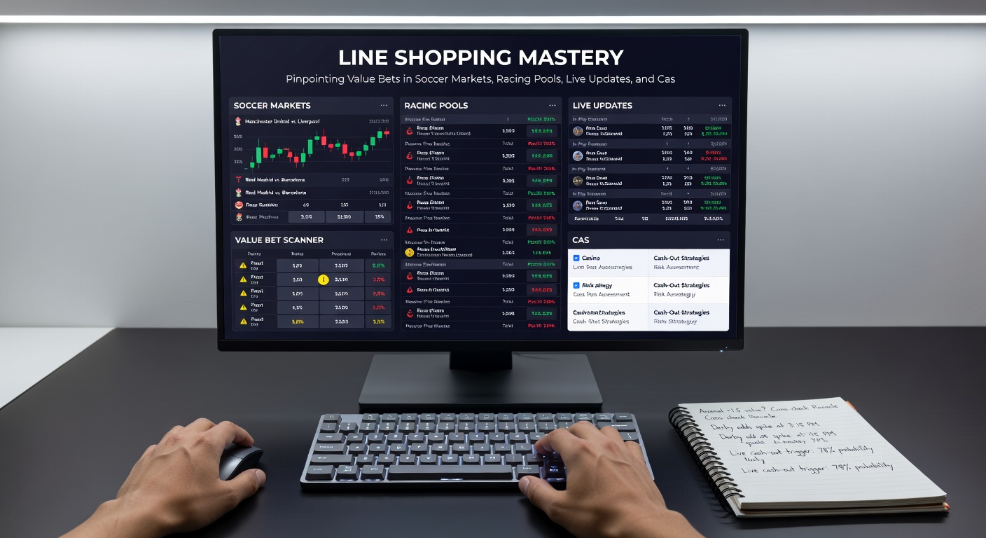Dynamic dashboard showing live odds fluctuations for a horse racing event alongside soccer in-play markets and casino payout tables
