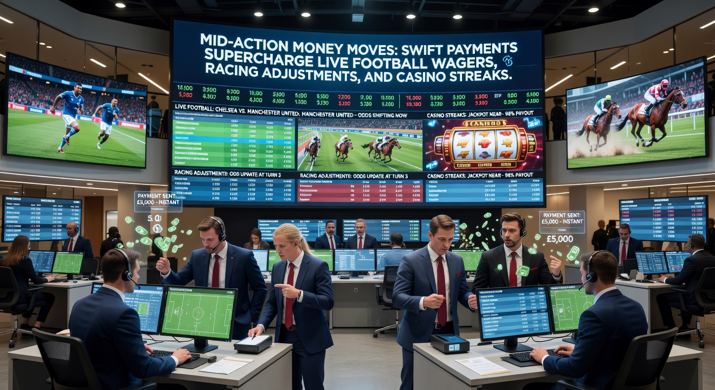 A dynamic scene of a live soccer match with overlaid betting interfaces showing rapid deposit notifications and odds shifting in real-time