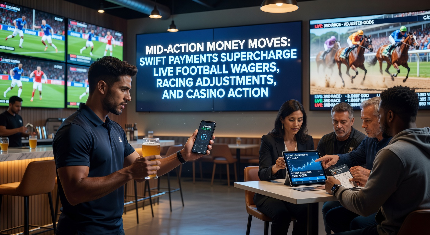 Illustration of a horse race in progress with digital overlays displaying instant deposit confirmations, odds changes, and racing form updates on a mobile screen
