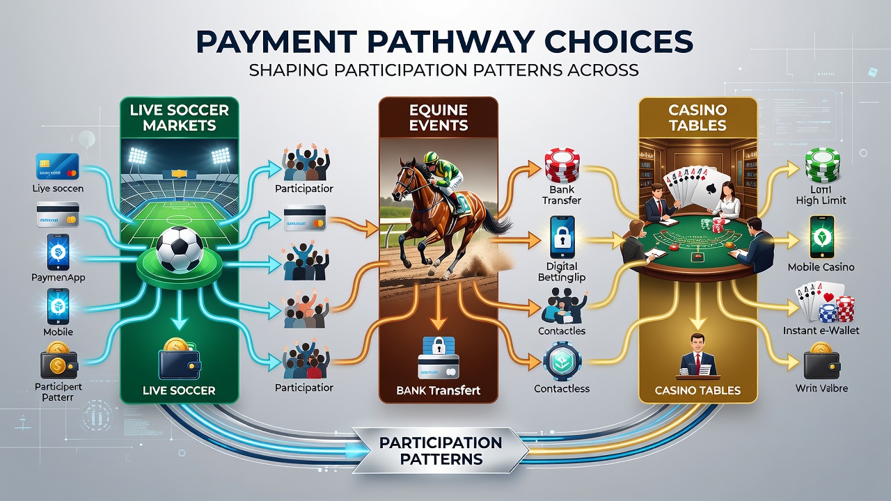 Visual representation of various payment pathways connecting soccer matches, horse racing tracks, and casino tables in real-time betting environments
