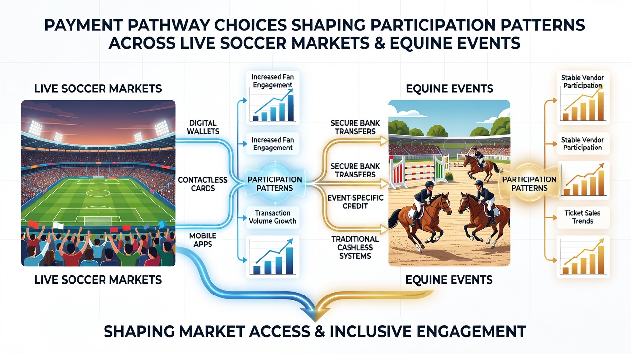 Illustration showing payment flow patterns linking equine racing events with casino table activities and soccer live markets