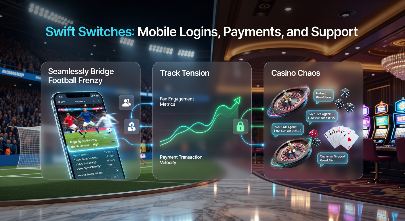 Dynamic mobile app screen capturing swift login during a live soccer match, overlaid with payment options and chat support bubble amid racing odds and casino spins