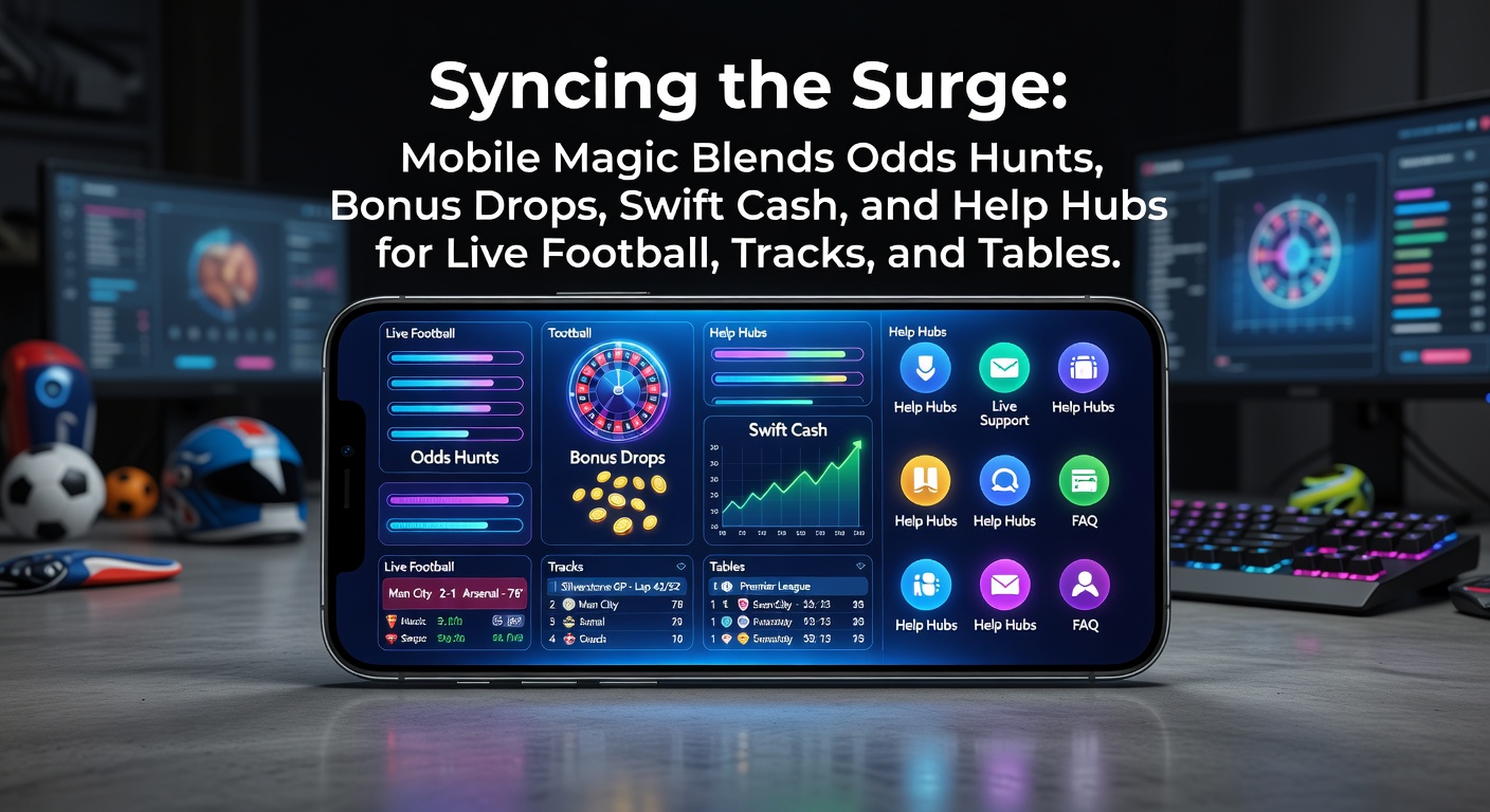 Mobile betting app interface showing live soccer odds, racing updates, casino tables, and integrated bonus notifications during peak action