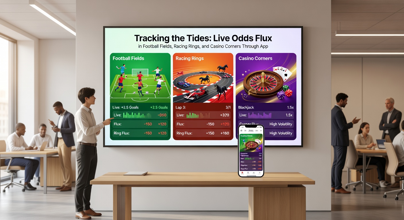 Horse racing track scene with overlaid app notification showing live odds changes on favorites during a sprint